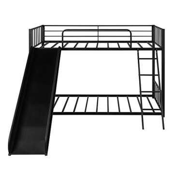 CJLMNMetal Loft Bunk Bed with Slide and Ladder, Multifunctional Design, with Safety Guard Rails for Kids Teens Adults/Easy to Assemble/No Box Spring Required (Black).