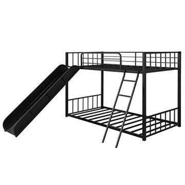 CJLMNMetal Loft Bunk Bed with Slide and Ladder, Multifunctional Design, with Safety Guard Rails for Kids Teens Adults/Easy to Assemble/No Box Spring Required (Black).
