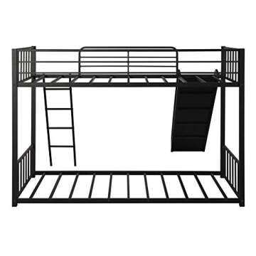 CJLMNMetal Loft Bunk Bed with Slide and Ladder, Multifunctional Design, with Safety Guard Rails for Kids Teens Adults/Easy to Assemble/No Box Spring Required (Black).