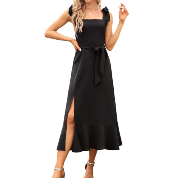 Women's Elegant Bridesmaid Dresses Square Neck Ruffle Split Midi Formal Dress for Wedding Guest Cock...