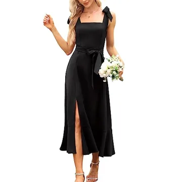 Elegant Bridesmaid Square Neck Midi Dress for Weddings