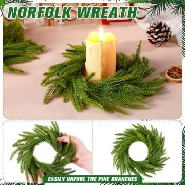 Dingion 6 Pcs Norfolk Pine Wreath Candle Ring Wreath 6 Inch Artificial Pillars Wedding Candle Wreaths Green Pine Candle Ring Ornament for Christmas Farmhouse Table Decoration Xmas Table Centerpiece