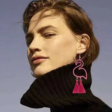 SKNGMO Tassel Pink Flamingo Shape Exaggerated Long Dangle Earrings Retro Creative Hollow Fashion Cute Animal Bird Drop Earrings Boho Trendy Elegant Jewelry for Women