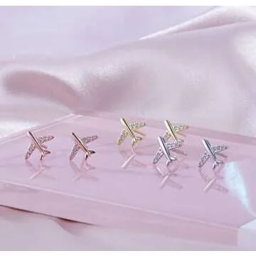 Helen de Lete Airplane Rhinestone Plane S925 Sterling Silver Stud Earrings for Everyday Wear