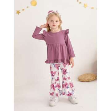 KuKitty Toddler Baby Girl Clothes Solid Color Long Sleeve Ruffle Tops Floral Bell-Bottoms Pants and Headband Outfits Set (3-4T) Purple
