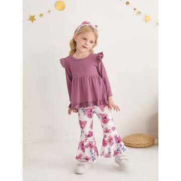 KuKitty Toddler Baby Girl Clothes Solid Color Long Sleeve Ruffle Tops Floral Bell-Bottoms Pants and Headband Outfits Set (3-4T) Purple