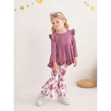KuKitty Toddler Baby Girl Clothes Solid Color Long Sleeve Ruffle Tops Floral Bell-Bottoms Pants and Headband Outfits Set (3-4T) Purple