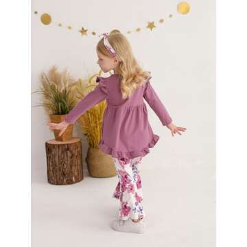 KuKitty Toddler Baby Girl Clothes Solid Color Long Sleeve Ruffle Tops Floral Bell-Bottoms Pants and Headband Outfits Set (3-4T) Purple