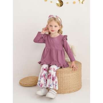 KuKitty Toddler Baby Girl Clothes Solid Color Long Sleeve Ruffle Tops Floral Bell-Bottoms Pants and Headband Outfits Set (3-4T) Purple
