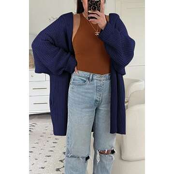 LILLUSORY Womens 2023 Blue Fall Fashion Trendy Cozy Chunky Knit Cardigan Open Front Button Up Down Oversized Sweater Coat Casual Winter Clothes