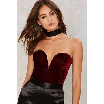 Choies Women's Elegant Burgundy/Black Plunge Neck Velvet Bodysuit - Sexy & Stunning