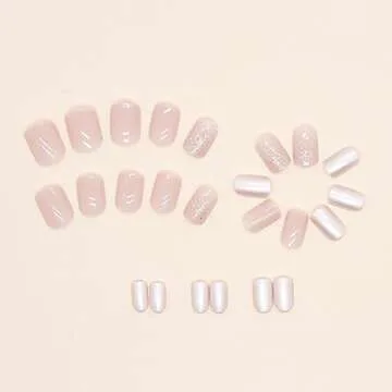 ZTZTST 24Pcs Press on Nails Short, Nude Square Fake Full Cover with Glitter Design Glossy Glue Artificial Coffin False Supplies Charms Acrylic Decoration for Women Daily Nail Art