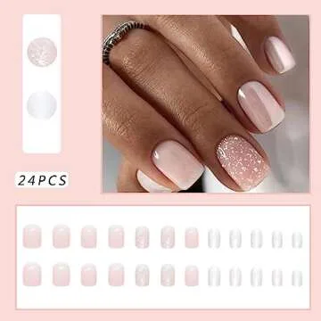ZTZTST 24Pcs Press on Nails Short, Nude Square Fake Full Cover with Glitter Design Glossy Glue Artificial Coffin False Supplies Charms Acrylic Decoration for Women Daily Nail Art