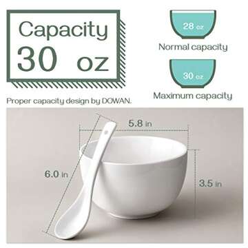 DOWAN White Soup Bowls, Deep Soup Bowls and Spoons Set, 30 Ounce Cereal Bowls Set of 4, Ceramic Rame...