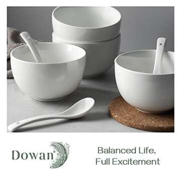 DOWAN White Soup Bowls, Deep Soup Bowls and Spoons Set, 30 Ounce Cereal Bowls Set of 4, Ceramic Ramen Bowls and Pho Bowls for Kitchen, Microwave and Oven Safe