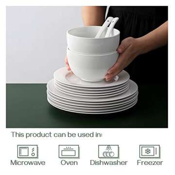 DOWAN White Soup Bowls, Deep Soup Bowls and Spoons Set, 30 Ounce Cereal Bowls Set of 4, Ceramic Ramen Bowls and Pho Bowls for Kitchen, Microwave and Oven Safe