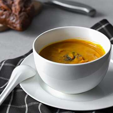 DOWAN White Soup Bowls, Deep Soup Bowls and Spoons Set, 30 Ounce Cereal Bowls Set of 4, Ceramic Ramen Bowls and Pho Bowls for Kitchen, Microwave and Oven Safe