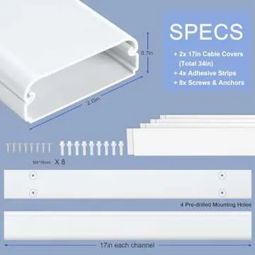 34in TV Cord Hider for Wall Mounted TV, Large Cord Cover Wall, Cable Hider TV Cable Management Kit, TV Wire Hider for Wall, White Cable Raceway Cable Cover, Cable Concealer 2 xL17in, W2in xH0.7in