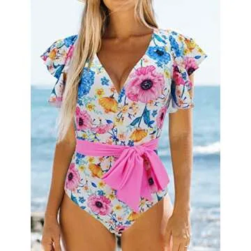 Stylish Binlowis V Neck One Piece Swimsuit for Women