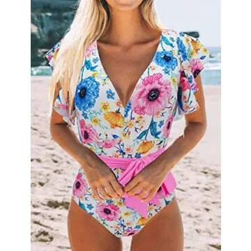 Stylish Binlowis V Neck One Piece Swimsuit for Women
