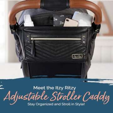 Itzy Ritzy Adjustable Stroller Organizer With Built-In Pockets, Zippered Pocket & Straps To Fit Any Stroller, Black with Gold Hardware