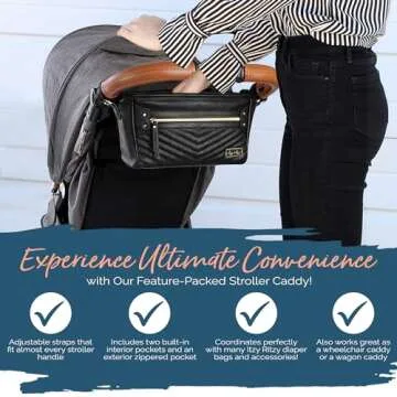 Itzy Ritzy Adjustable Stroller Organizer With Built-In Pockets, Zippered Pocket & Straps To Fit Any Stroller, Black with Gold Hardware