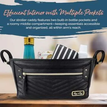 Itzy Ritzy Adjustable Stroller Organizer With Built-In Pockets, Zippered Pocket & Straps To Fit Any Stroller, Black with Gold Hardware