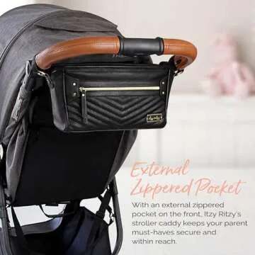 Itzy Ritzy Adjustable Stroller Organizer With Built-In Pockets, Zippered Pocket & Straps To Fit Any Stroller, Black with Gold Hardware