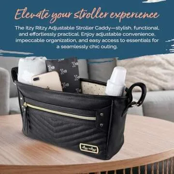 Itzy Ritzy Adjustable Stroller Organizer With Built-In Pockets, Zippered Pocket & Straps To Fit Any Stroller, Black with Gold Hardware