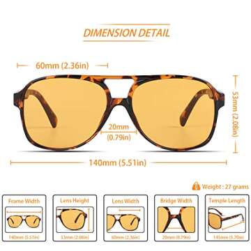 Freckles Mark Vintage Retro 70s Sunglasses for Women Men Classic Large Square Aviator Trendy Glasses (Tortoise Yellow, Millimeters, 60)