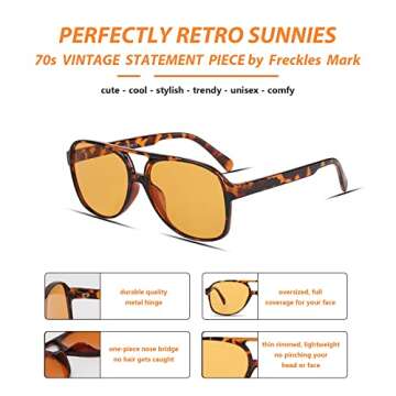 Freckles Mark Vintage Retro 70s Sunglasses for Women Men Classic Large Square Aviator Trendy Glasses (Tortoise Yellow, Millimeters, 60)