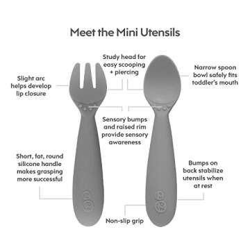 ezpz Mini Collection Set (Gray) - 100% Silicone Cup, Fork, Spoon & Mini Mat Suction Plate with Built-in Placemat for Infants + Toddlers - First Foods + Self-Feeding - 12 Months+