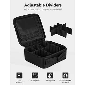 Syntus Travel Makeup Bag with Mirror, Portable Train Cosmetic Case Organizer with Adjustable Dividers Large Capacity for Cosmetic Makeup Brushes Toiletry Jewelry Digital Accessories, Black