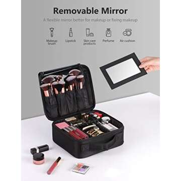 Syntus Travel Makeup Bag with Mirror, Portable Train Cosmetic Case Organizer with Adjustable Dividers Large Capacity for Cosmetic Makeup Brushes Toiletry Jewelry Digital Accessories, Black