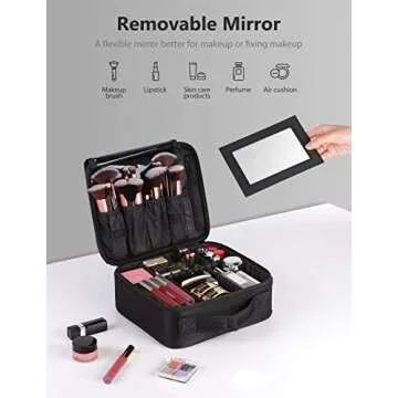 Syntus Travel Makeup Bag with Mirror, Portable Train Cosmetic Case Organizer with Adjustable Dividers Large Capacity for Cosmetic Makeup Brushes Toiletry Jewelry Digital Accessories, Black