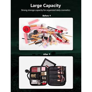 Syntus Travel Makeup Bag with Mirror, Portable Train Cosmetic Case Organizer with Adjustable Dividers Large Capacity for Cosmetic Makeup Brushes Toiletry Jewelry Digital Accessories, Black