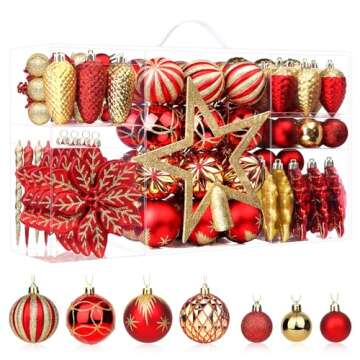 SHareconn 106PCS Christmas Balls Ornaments Set, Colorful Shatterproof Plastic Decorative Baubles for Xmas Tree Decor Holiday Wedding Party Decoration with Hanging Hooks, Red & Gold