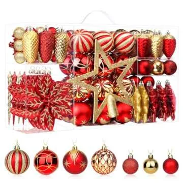 SHareconn 106PCS Christmas Balls Ornaments Set, Colorful Shatterproof Plastic Decorative Baubles for Xmas Tree Decor Holiday Wedding Party Decoration with Hanging Hooks, Red & Gold