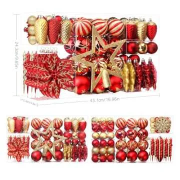 SHareconn 106PCS Christmas Balls Ornaments Set, Colorful Shatterproof Plastic Decorative Baubles for Xmas Tree Decor Holiday Wedding Party Decoration with Hanging Hooks, Red & Gold