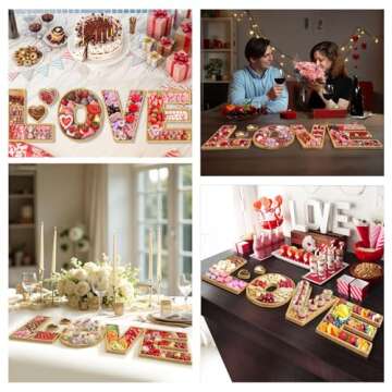 Fayavoo 6Pcs Wooden LOVE Charcuterie Board Letters, Eco-Friendly Bamboo Letter Serving Platter Tray with 2 Dipping Saucers, Fruit Cake Cookies Dish for Valentine's Day Wedding Birthday Decor