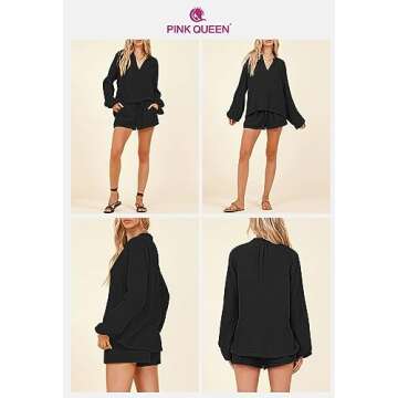 Pink Queen Women's 2023 Fall 2 Piece Outfits V Neck Puff Long Sleeve Pullover Top And Shorts Loose Lounge Sets