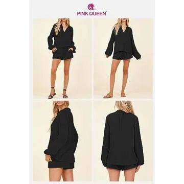 Pink Queen Women's 2023 Fall 2 Piece Outfits V Neck Puff Long Sleeve Pullover Top And Shorts Loose Lounge Sets