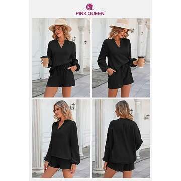 Pink Queen Women's 2023 Fall 2 Piece Outfits V Neck Puff Long Sleeve Pullover Top And Shorts Loose Lounge Sets