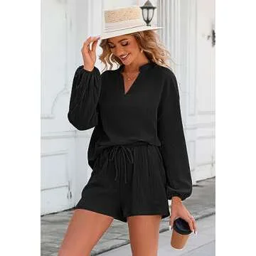 Pink Queen Women's 2023 Fall 2 Piece Outfits V Neck Puff Long Sleeve Pullover Top And Shorts Loose Lounge Sets