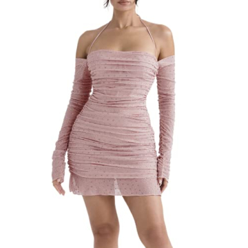 Women Sexy Spaghetti Strap Mini Dress with Gloves Off Shoulder Sleeveless Cut Out Bodycon Dress Nigh...