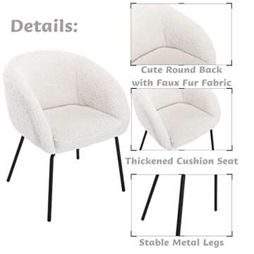 HEAH-YO Upholstered Faux Fur Dining Chairs Set of 2, Barrel Back Leisure Dining Side Chair Comfy Vanity Chair with Metal Legs Armchair for Kitchen Dining Room Living Room Bedroom, White