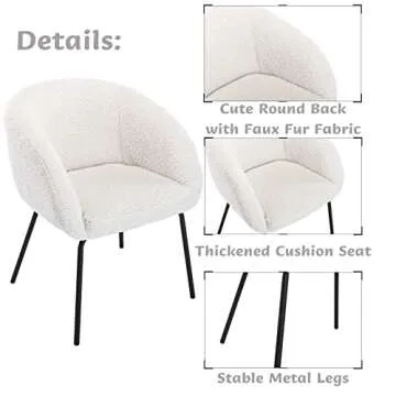 HEAH-YO Upholstered Faux Fur Dining Chairs Set of 2, Barrel Back Leisure Dining Side Chair Comfy Vanity Chair with Metal Legs Armchair for Kitchen Dining Room Living Room Bedroom, White