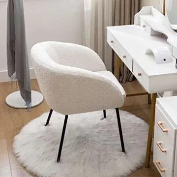 HEAH-YO Upholstered Faux Fur Dining Chairs Set of 2, Barrel Back Leisure Dining Side Chair Comfy Vanity Chair with Metal Legs Armchair for Kitchen Dining Room Living Room Bedroom, White