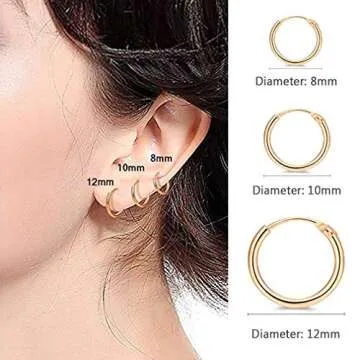 EPIRORA Gold Hoop Earrings- Cartilage Endless Small Hoop Earrings Set for Women Men, 3 Pairs Hypoallergenic 925 Sterling Silver Tragus Earrings Nose Lip Rings