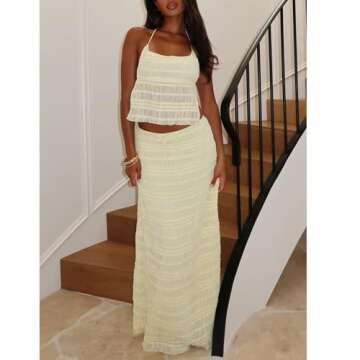 JINZIYINZI Two Piece Maxi Skirt Set Women Y2k Sexy Lace Sheer Halter Top and Smocked Pleated Long Maxi Sets 2 Piece Going Out Matching Outfits